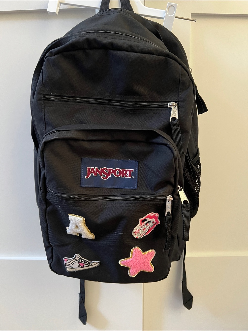 Jansport Black Big Student Backpack with Colorful Patch Accents